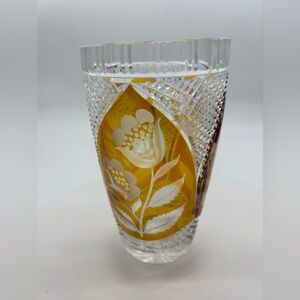 Elegant Bohemian Cut To Clear Crystal Vase  Amber Floral Design
